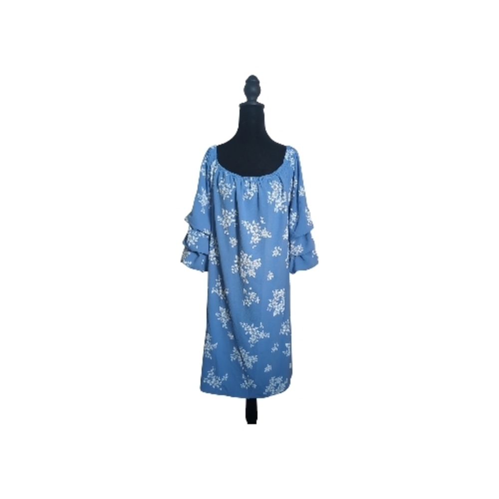 Chloe+Rene Large Blue Floral Shift Midi Dress Tiered Sleeves Boho Chic, Cottage